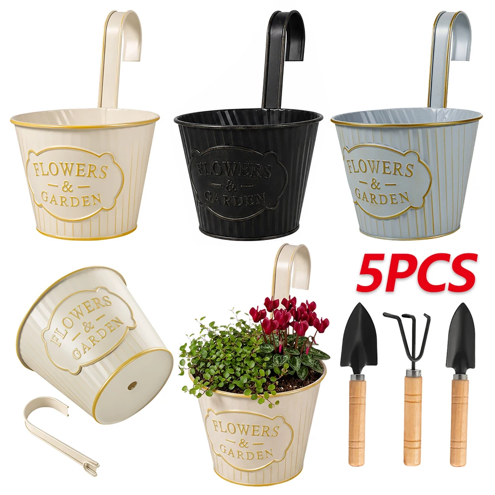 Gardening Tools Vintage - 5 stuks hangende bloempotten metalen ijzeren