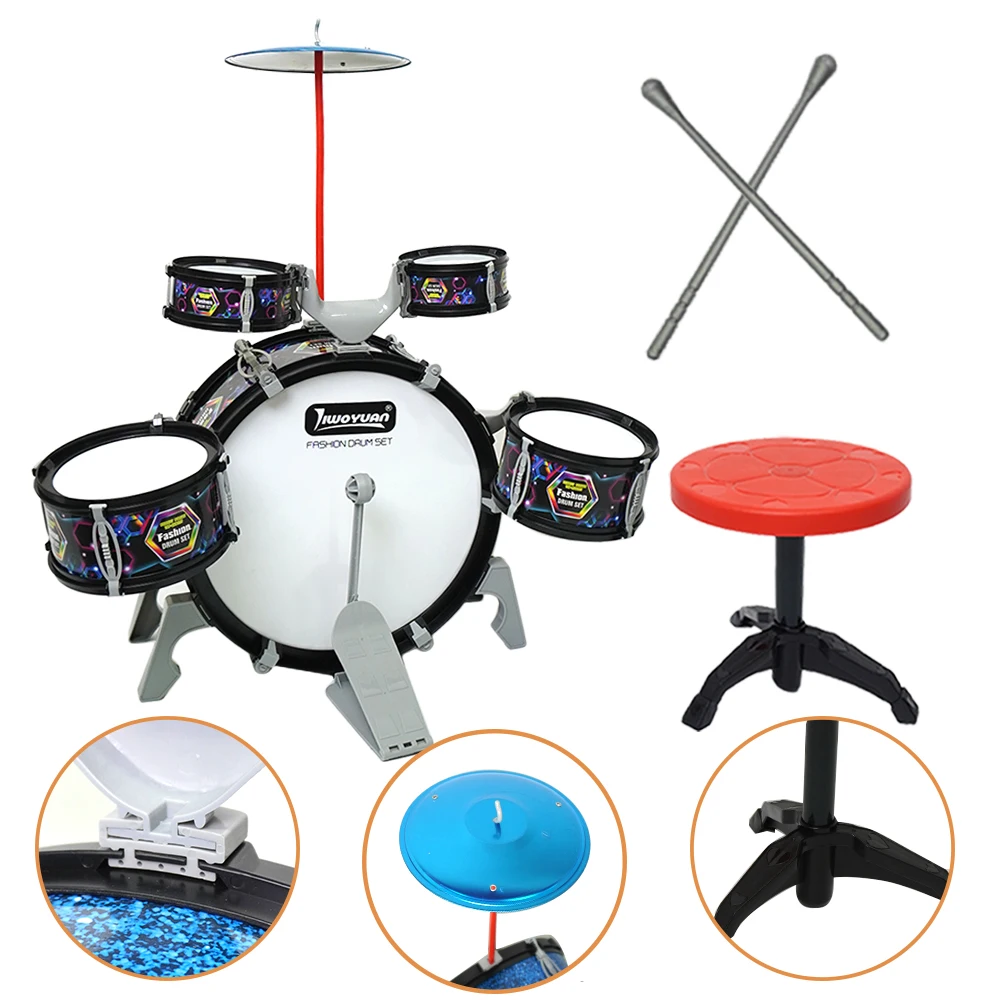 Kids Drum Set Toddler Jazz 7 Drums With Small Stool Drum Stick Set Music Instrument Educational Toy Beginners Montessori Gift