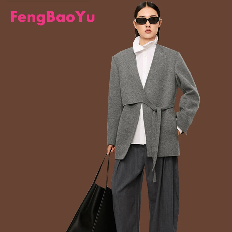 Double-sided Cashmere Women's Coat Autumn Winter Grey Loose Wool Lace-up Top Fashion Trend Loose and Comfortable Business Casual