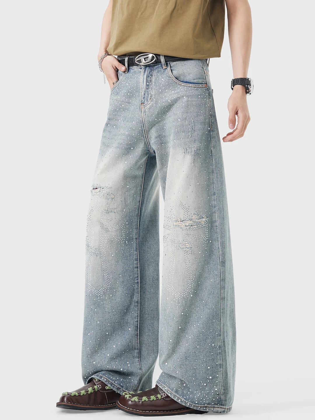 American Retro Hole Cross Rhinestone Jeans Men Loose Straight Leg Wide Leg Old Street Knife Long Pants Spring Wear