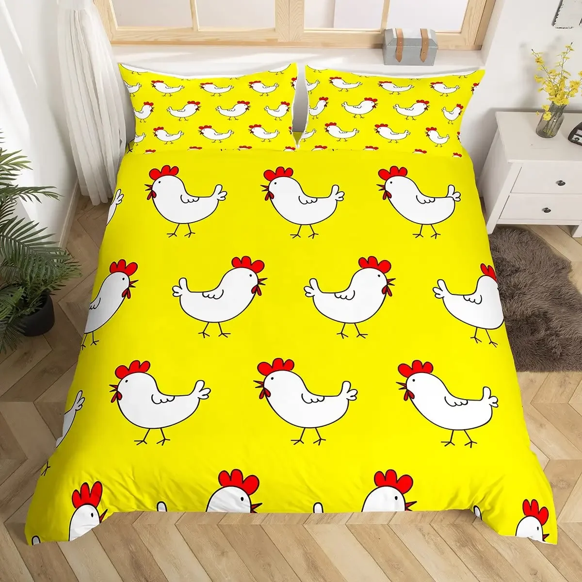 Cartoon Duck Duvet Cover for Kids Boys Girls,Kawaii Duck with Crown Flowers Bedding Set, Animal Quilt Cover with 2 Pillowcase