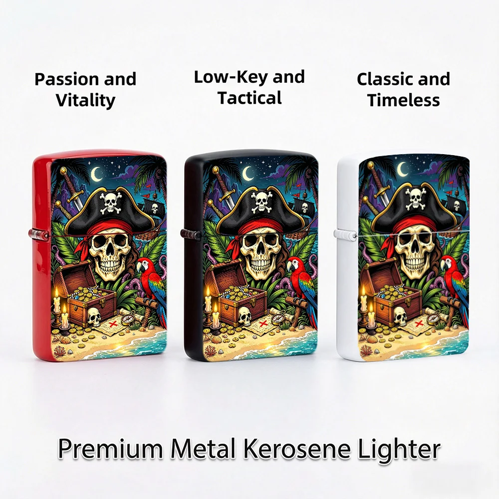 Adventure retro Flip Top Lighter lighters vintage Pirate Skull Treasure Chest Parrot Island Art Print lighters for smokers Daily