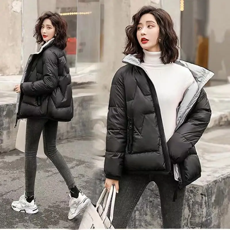 

women's leather waterproof short Cotton jacket bright down cotton fashion loose thickened warm jacket coat