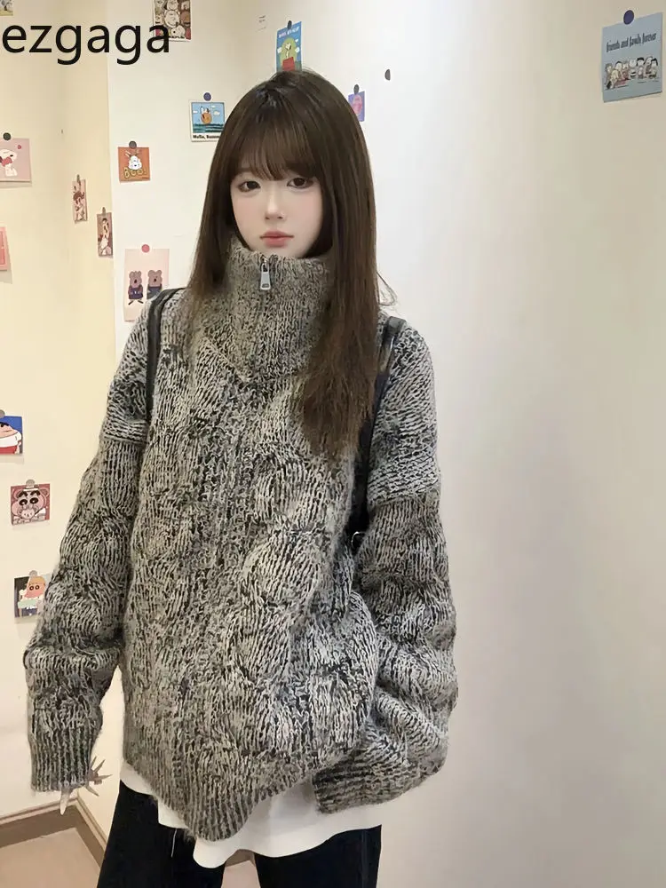 

Ezgaga Knitted Cardigan Women Turtleneck Autumn Winter Loose Outwear Zipper Vintage Fashion Sweater Female Casual Tops