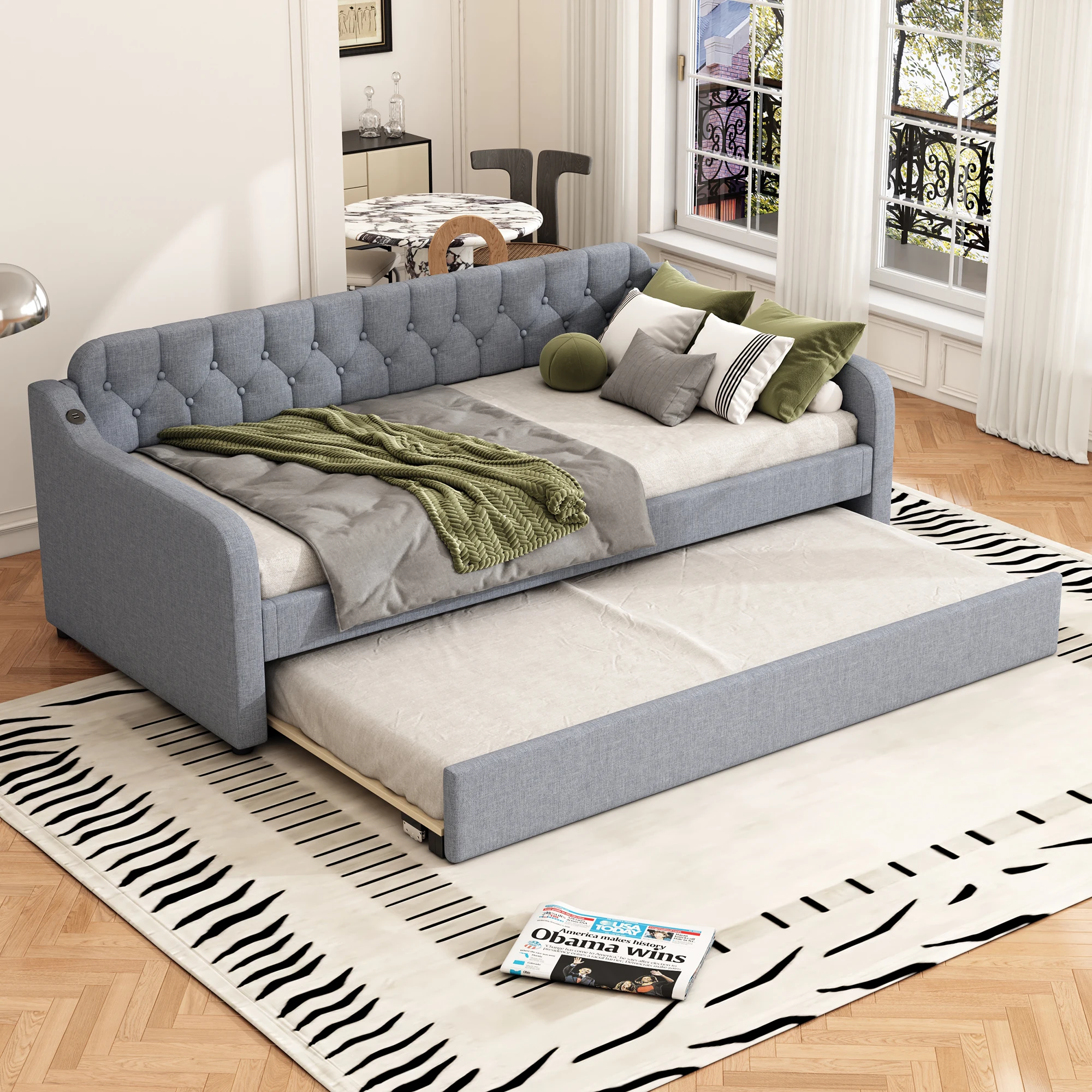 Lit gigogne 90x200 cm - Lit simple avec lit d'appoint coulissant et USB intégré - Lin - Gris