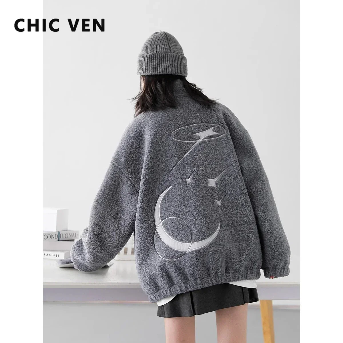 CHIC VEN Women Jackets Streetware Loose Casual New Stand Up Collar Embroidered Female Sport Thick Coat Woman Winter Autumn 2024