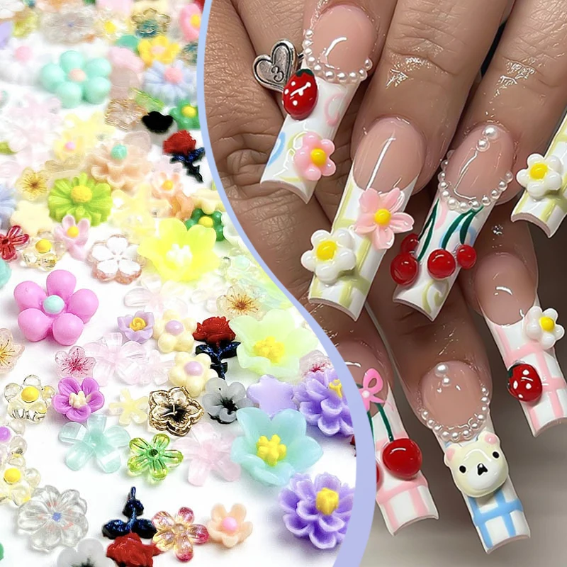 100Pcs Acrylic Flowers Nail Charms Random Mixed Resin Floral Rose 3D Nail Art Decoration Manicure Moon Heart Pearl Nail Jewelry