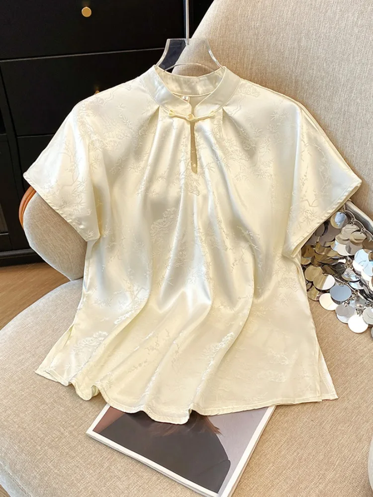 

Ele ort Sve, китайский Sle irt, женский летний винтажный атласный топ с вышитым воротником, модная повседневная одежда