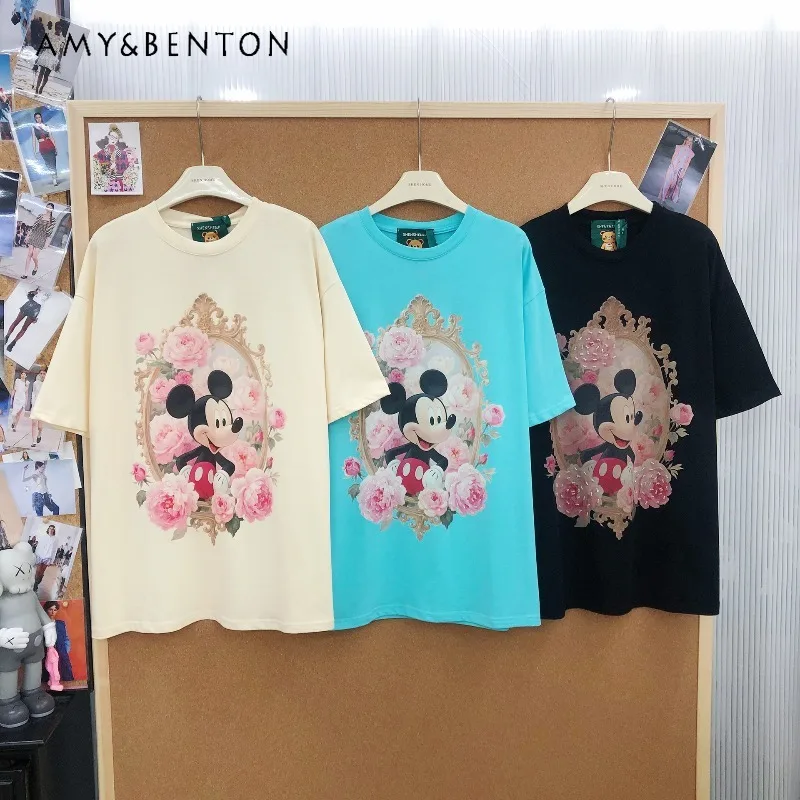 

Popular Design Casual Hand-Sewn Beaded Cartoon Printed Top Tshirts Mid-Length Loose Tees Fashion Short Sleeved T-shirt Pullovers