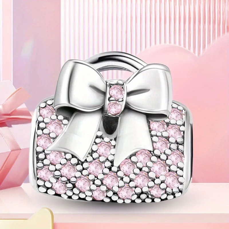 925 Silberbeschichtetes Rosa Taschen-Accessoire mit Erdbeer-Herz DIY Armband Armreif Hochwertiges Modeschmuck-Geschenk