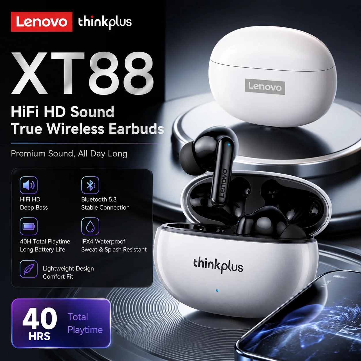 Lenovo XT88 TWS Wireless Bluetooth Earphones Dual MIC Stereo ENC Noise Reduction Bass HIFI Touch Control Earbuds Gaming Earbuds