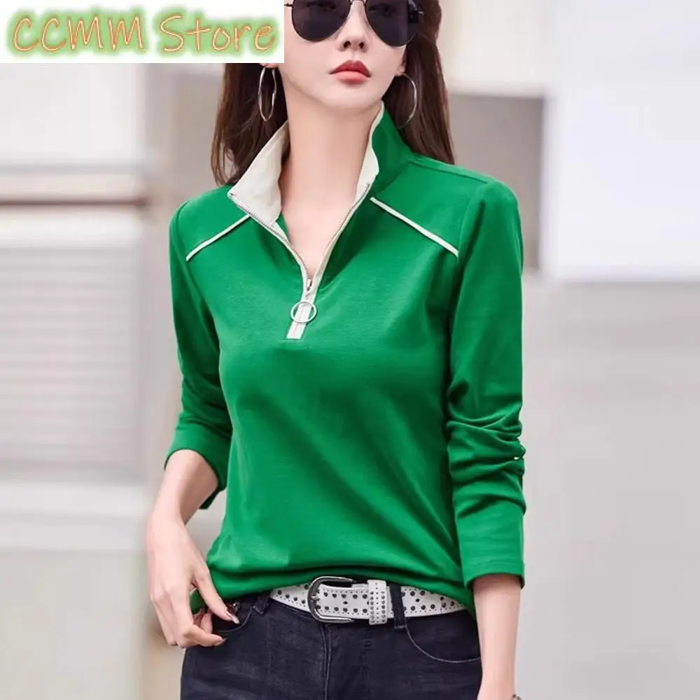 

European Station Long sleeved T-shirt Women's Spring Autumn New High end Light Luxury Zipper Stand up Neck Loose Casual Top
