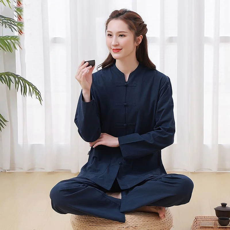 USHINE Quality Retro Chinese Button Cotton Linen Men Women's IRT Loose Casual Spring Large Size Zen Tea Clothing TaiChi Uniform
