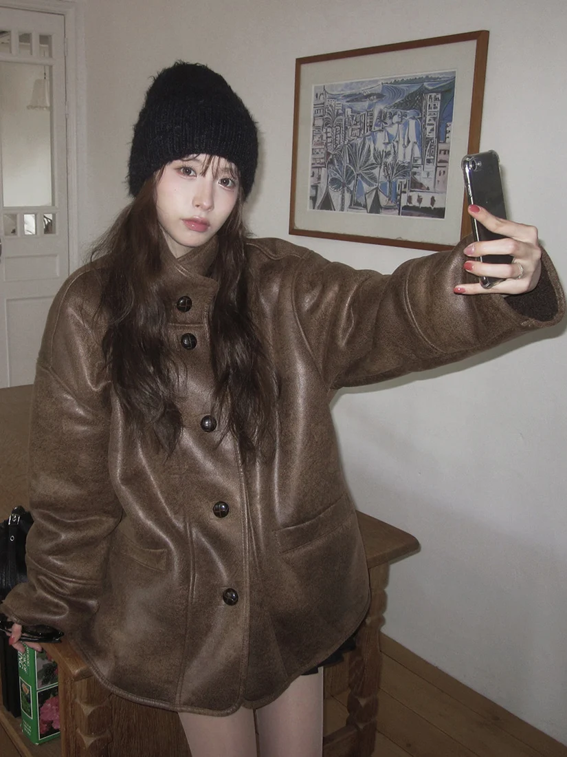 Sli 韓国産ラムファー ジャケット レディース 冬 レトロ スエード バイカーコート エレ アウターウェア レギュラー丈 アリゲーターパターン