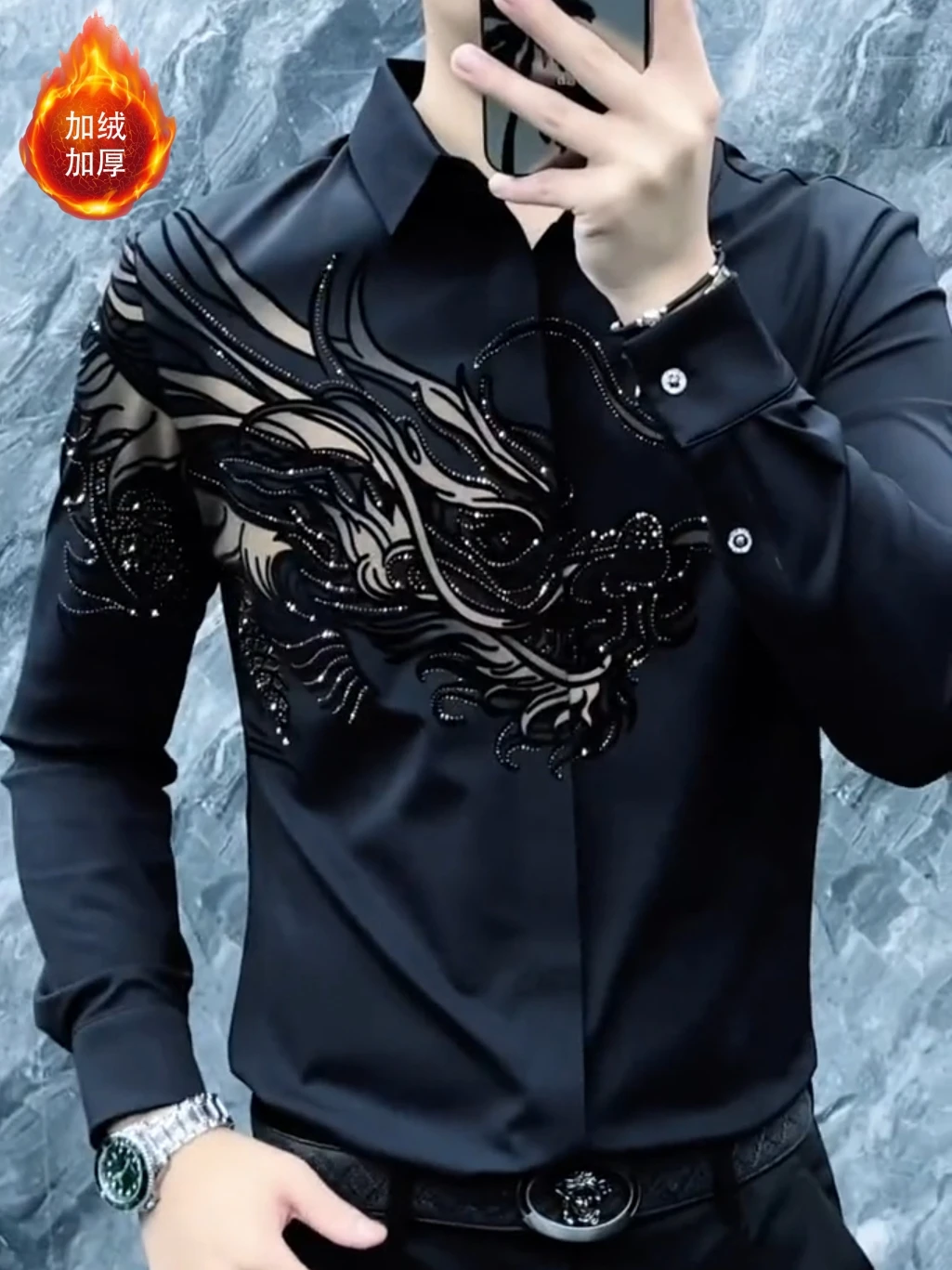 Autumn Winter New Heavy-duty Rhinestone Long-sleeve Turn-down Collar Shirt Fashion Trendy Casual Versatile  Handsome Men's Shirt