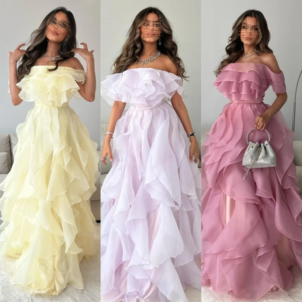 

Organza Draped Pleat Ruched Homecoming A-line Off-the-shoulder Bespoke Occasion Gown Long Dresses