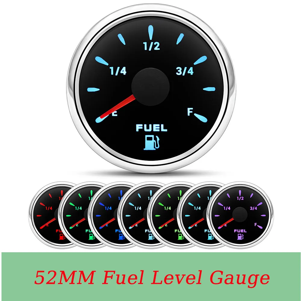 12-24v Automotive Fuel Meter 52MM 0-190ohm Fuel Level Pointer with 7Color LED Waterproof Oil Tank Level Meters for Boat Marine