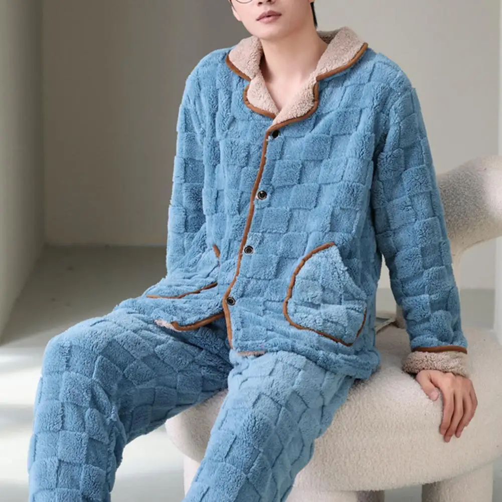 

Men Winter Coral Fleece Pajamas Plush Warm Single-breasted Lapel Long Sleeve Coat Elastic Waist Pants Set Homewear Loungewear