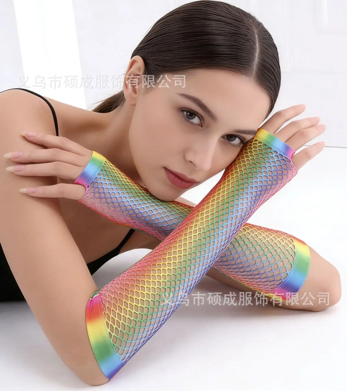 Gloves Rainbow Gradient Fishnet Long Fingerless Stretchy Mesh Stage Performance Party Soft Breathable Nylon Spandex