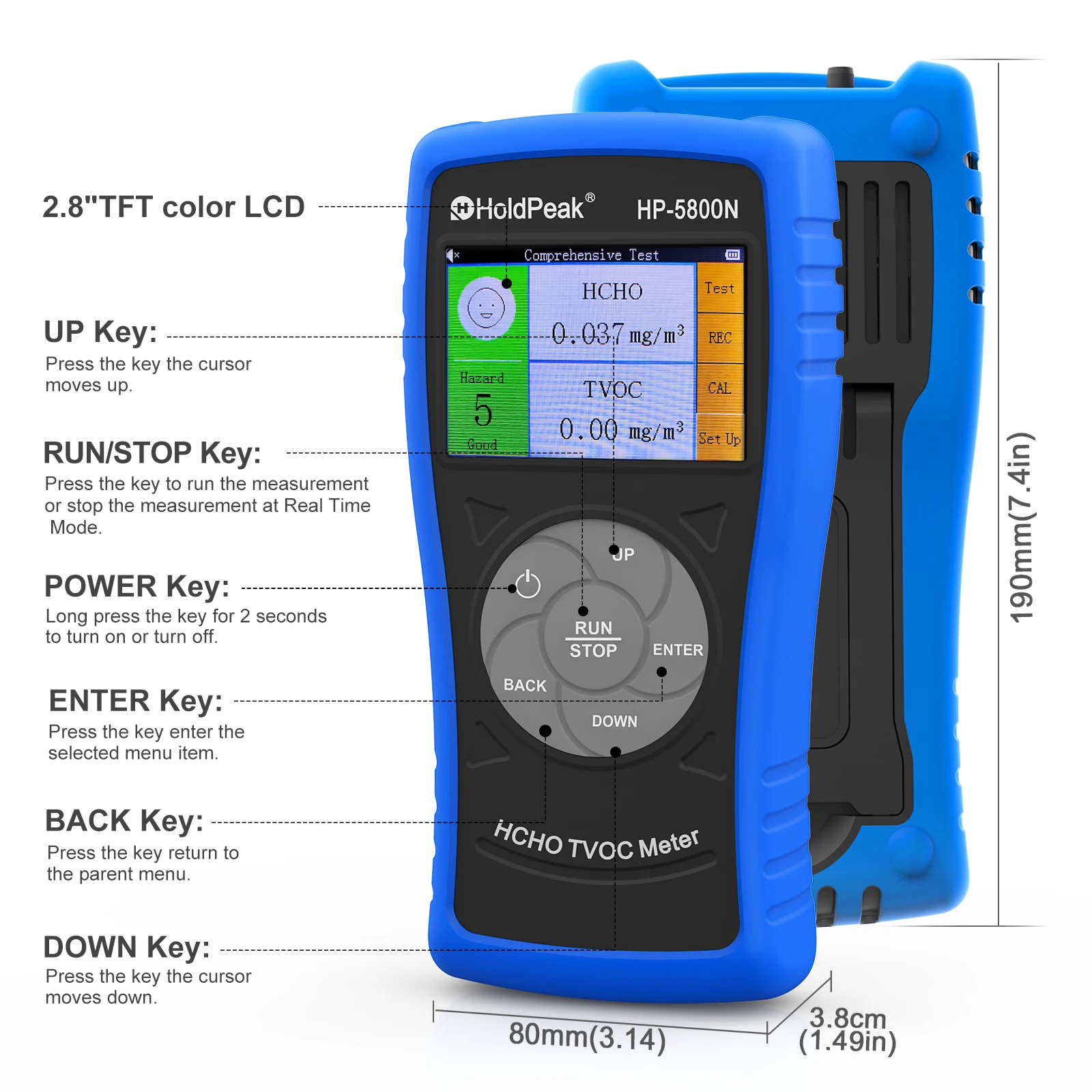 5800N HCHO TVOC Air Quality Monitor Formaldehyde Detector TFT Color LCD Rechargeable Indoor Air Quality Tester Meter US