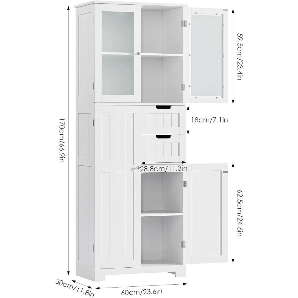 Kabinet penyimpanan tinggi 67 inci, kabinet penyimpanan kamar mandi dengan pintu kaca dan rak, kabinet dapur dengan 2 laci