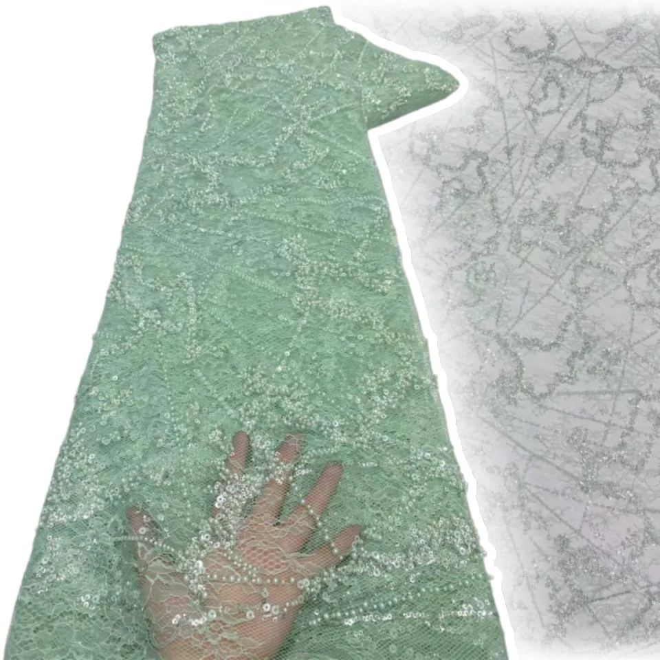 Green 5 Yards African Beads Groom Tulle Lace Fabric High Quality Sequins Embroidery French Tulle Laces for Party Sewing 2041