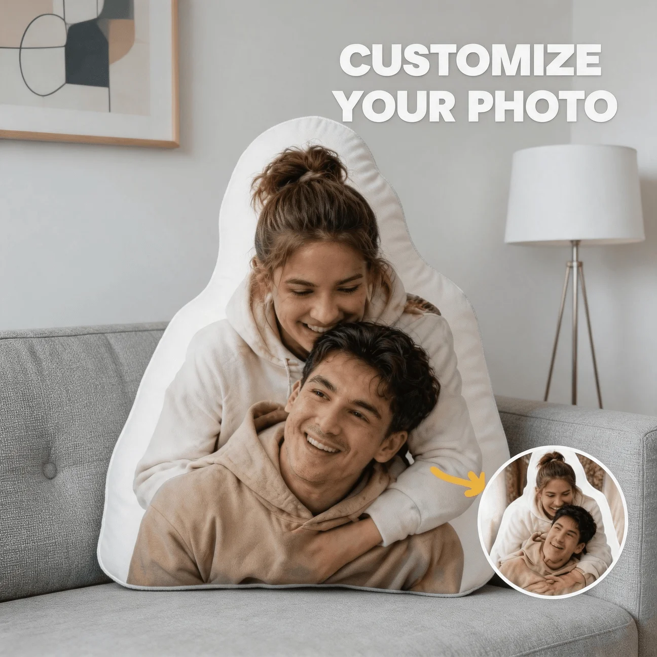 Personalized Couple Photo Shaped Pillow, Custom Picture Decorative Cushion with Romantic Hug Design, 70cm Accent Pillow for Sofa