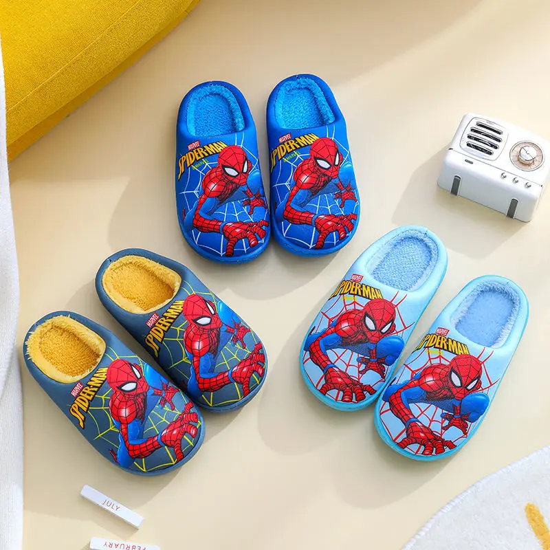 Disney Home Shoes Slipper For Childrens Boy Spiderman Winter Warm Cotton Blue Non-slip Indoor Floor Shoes For Kids Size 24-39