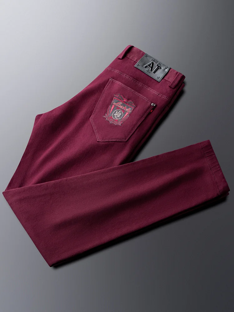 

Осень-зима мужские облегающие повседневные брюки с вышивкой молодежные модные фиолетовые красные модные прямые брюки