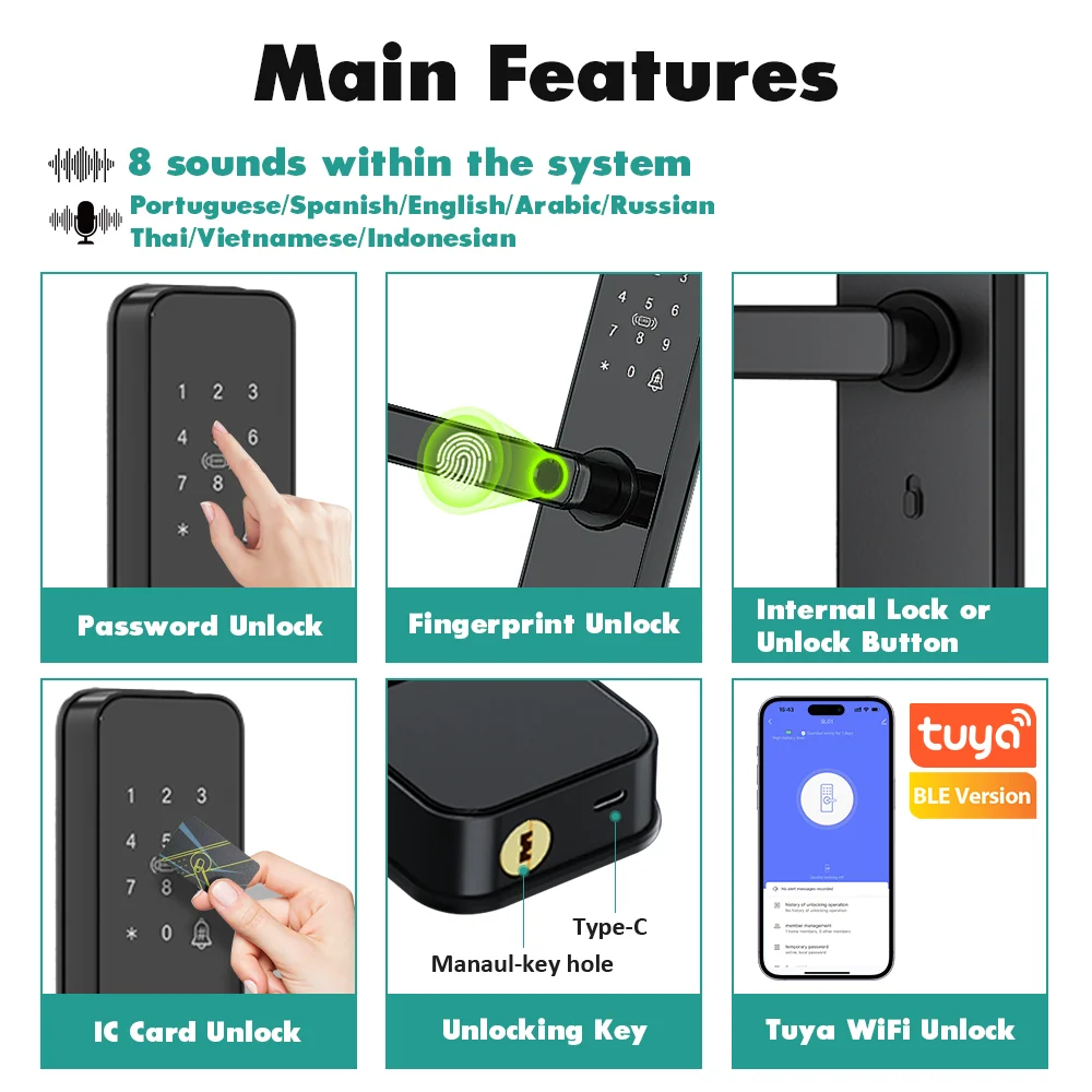 قفل باب ذكي ببصمة الإصبع من VBU، تطبيق Tuya، فتح عن بعد، إنذار العبث، قفل الباب الإلكتروني يعمل مع مساعد Alexa Google