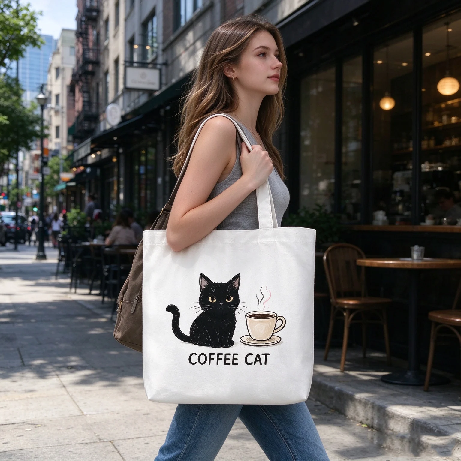 Customizable white canvas tote bag with personalized print; a durable, high-capacity, minimalist, and trendy bag—perfect for out