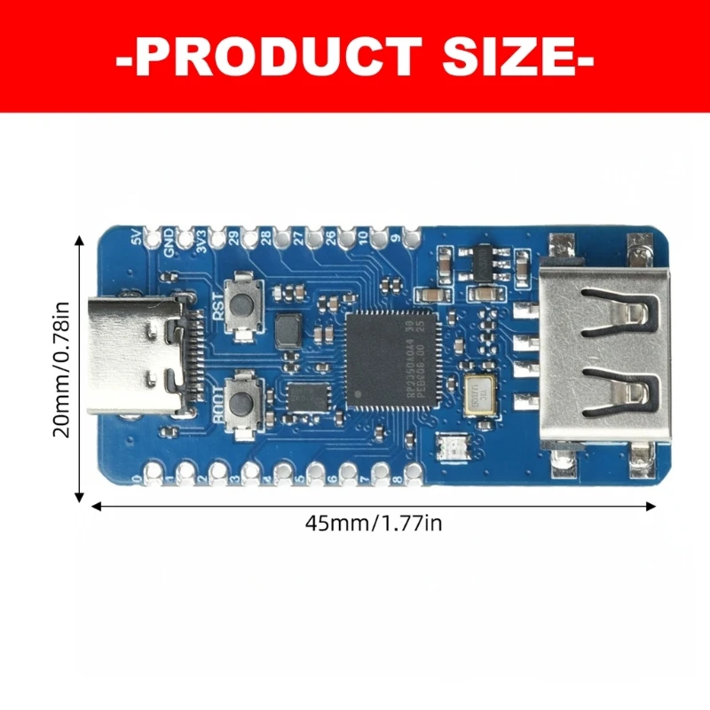 RP2350 Microcontroller Development Board with RP2350A Controller, Two USB Ports, Full Pin Access and Header for