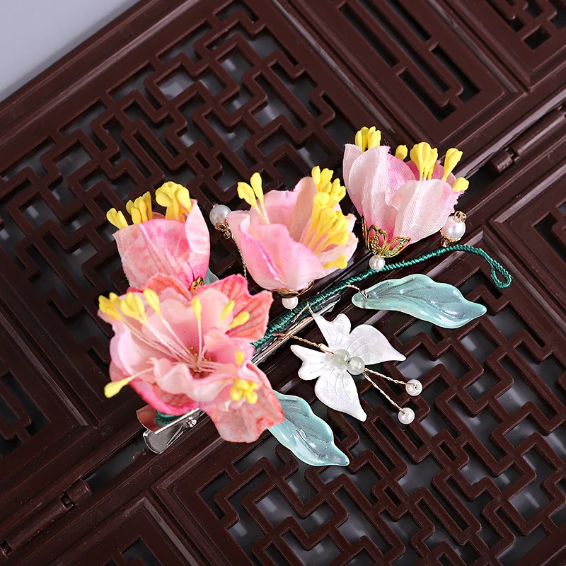 Luck Bracelet Hand String Pink Flower Butterfly Hairpin Hanfu Headwear New Chinese Silk Flower Hair Accessories Antique Zhonghua