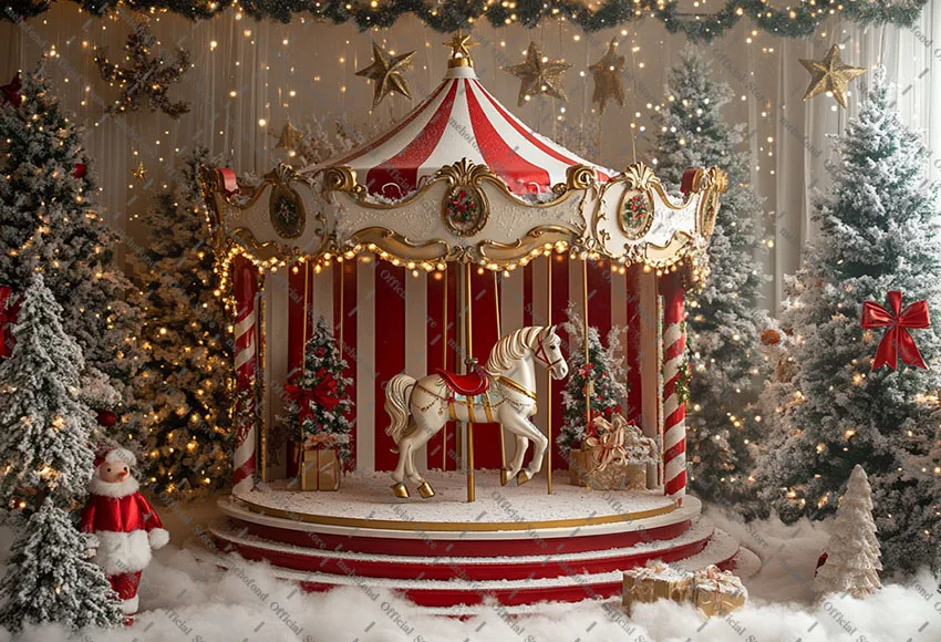 Mehofond Fotografie-Hintergrund, Frohe Weihnachten, Karussell, Zirkus, Wald, Weihnachtsbaum, Kinder, Familie, Porträt, Dekor, Hintergrund, Fotostudio