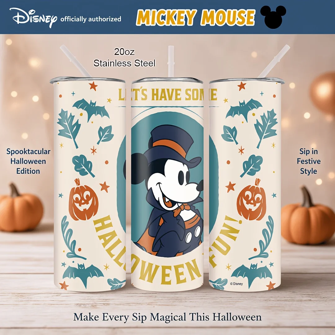 1pc 20oz Disney Halloween Vampire Mickey Pumpkin Bat Print Stainless Steel Tumbler Water Cup with Straw for Holiday Daily Use