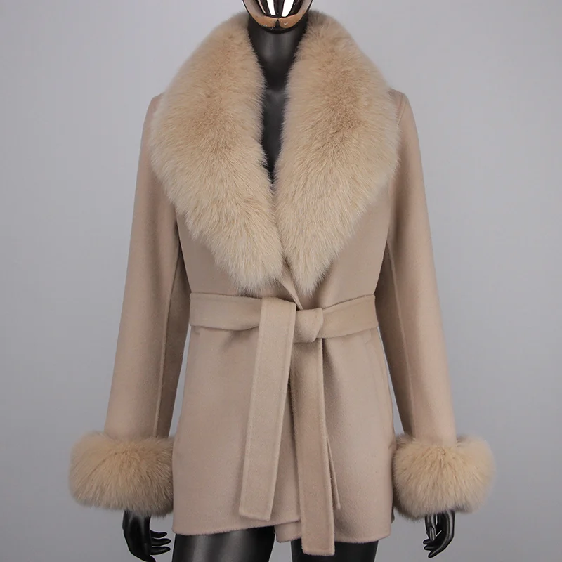 

2023 Winter Women Cashmere Wool Blended Coat Real Natural Fox Fur Collar Fashion Slim Wool Jacket with Belt Loose Outwear