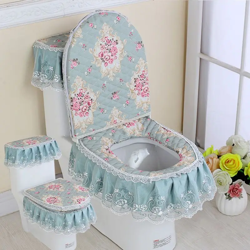 3 Pcs/Set Fabric Lace Toilet Seat Cushion Four Seasons Universal Zippered Full Wrap Toilet Seat Pad Household Toilet Seat Cover