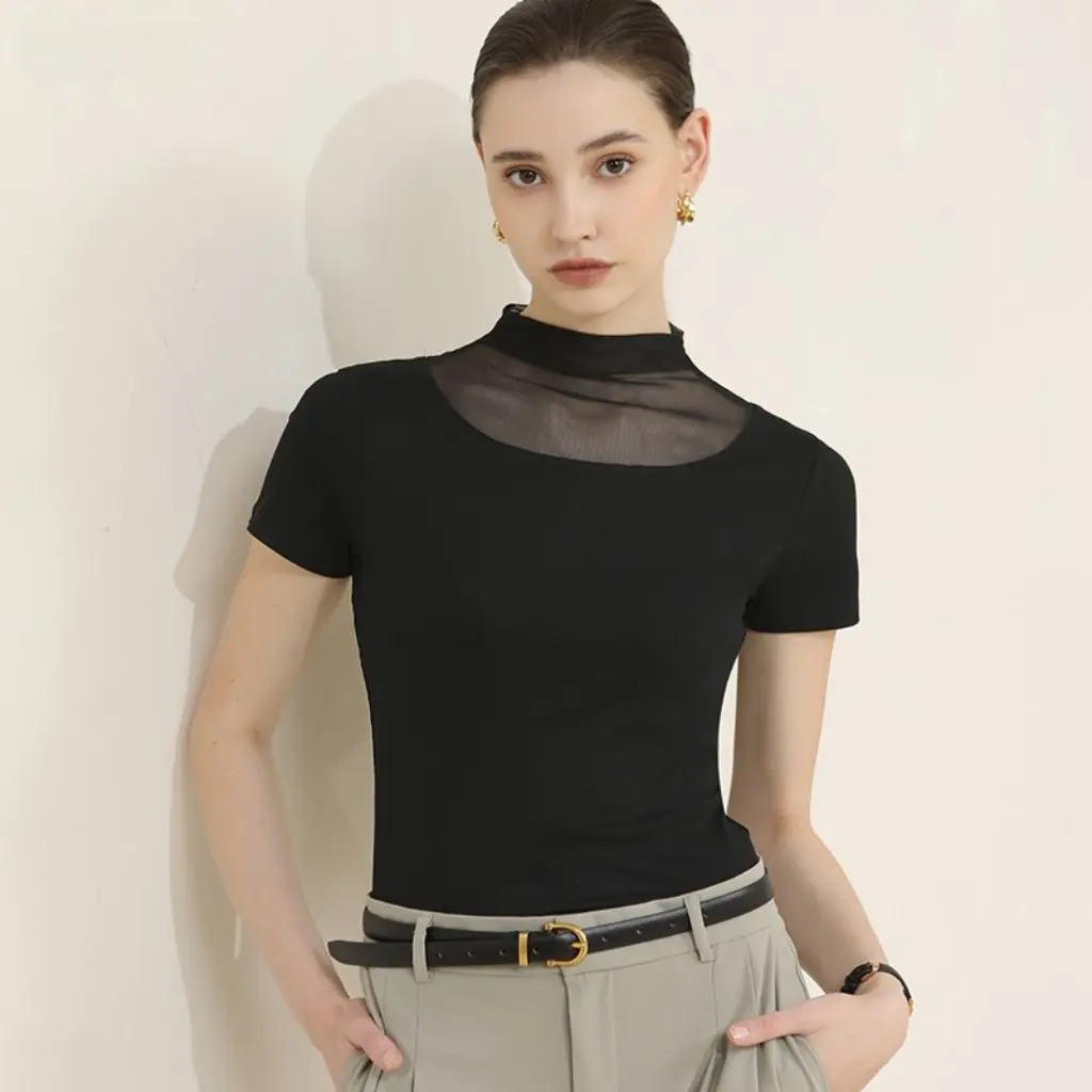 

CANVAUS Women's Slim Fit Mesh T-Shirt Short-Sleeved Pile Collar Summer Top Solid Color Bottoming Shirt for Women