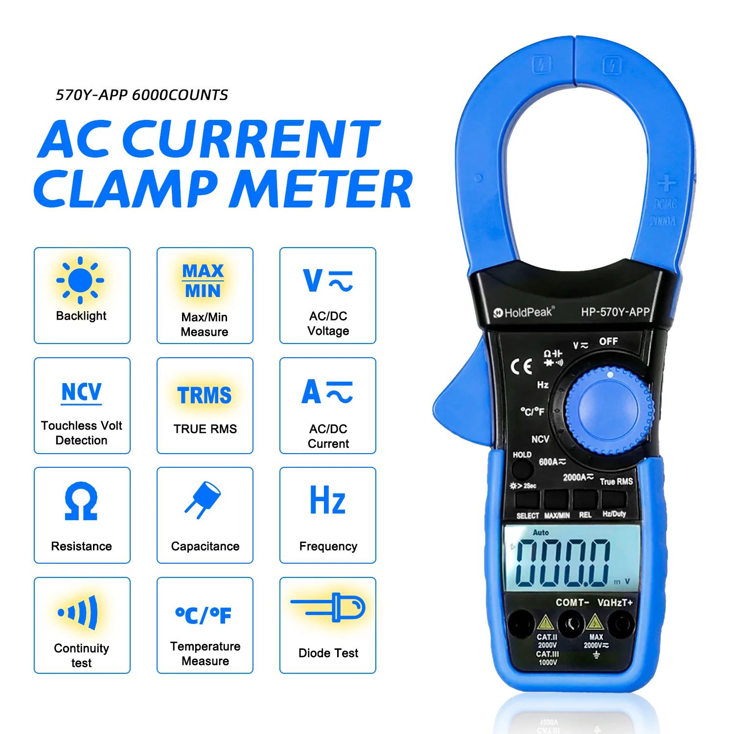 HP-570Y-APP Pro Medidor de braçadeira digital 6000 contagens True RMS - Faixa automática AC/DC, detecção NCV, medição de temperatura, LCD retroiluminado e APP