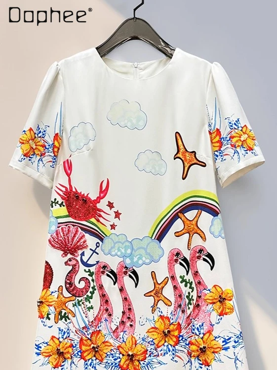 

Resort Style Fashion Cartoon Beaded Print Heavy Craft Round Neck Short Sleeve Loose Casual Trendy Slimming Summer Mini Dress
