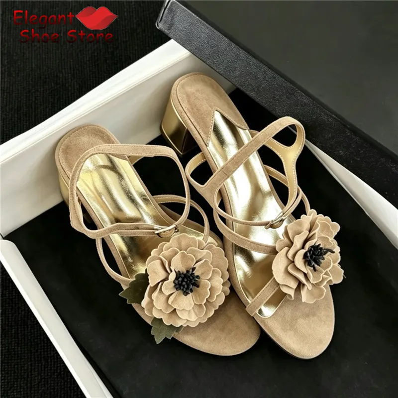 Red Flower Decor Suede Cross Strap Sandals Elegant Open Toe Ankle Buckle Thick Metal Heel Pumps Summer Party Banquet Dress Shoes