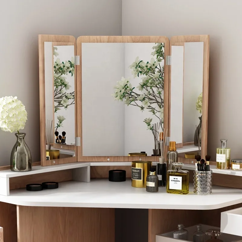 Natural Design Burlywood Bedroom Furniture Cosmetics Makeup Storage Corner Dressing Table