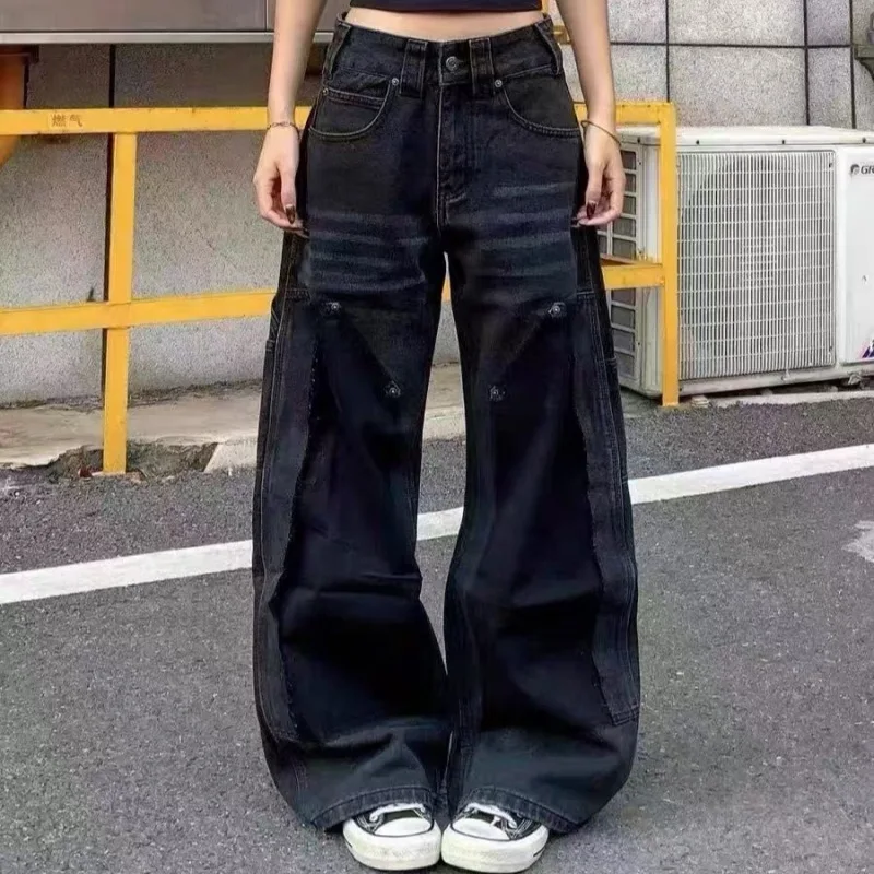 

Vintage Black Denim Jeans for Men Women Loose Fit Straight Wide Leg Curved Leg Cargo Pants Workwear Streetwear Trousers