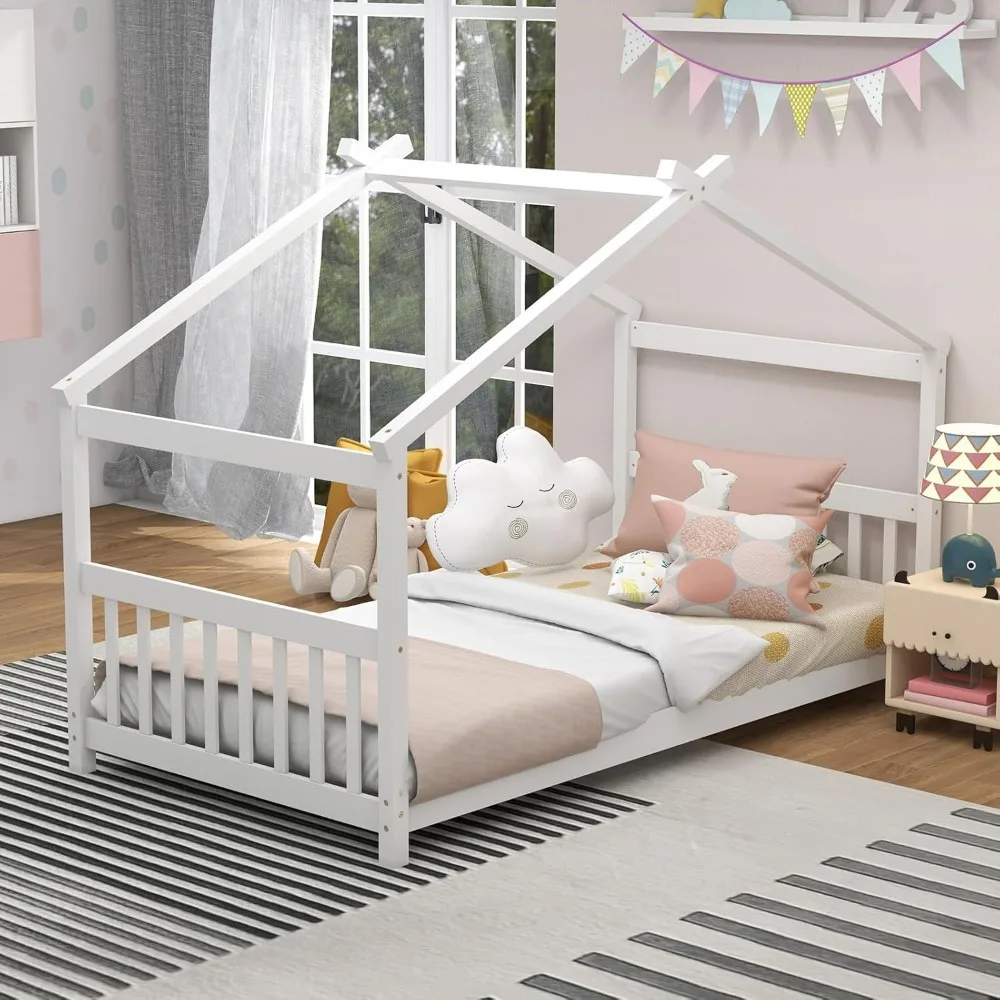 

Twin Wood House Bed for Kids Low Profile Floor Bed Frame with Roof, Headboard & Footboar Tent Bed for Toddlers for Boys & Girls