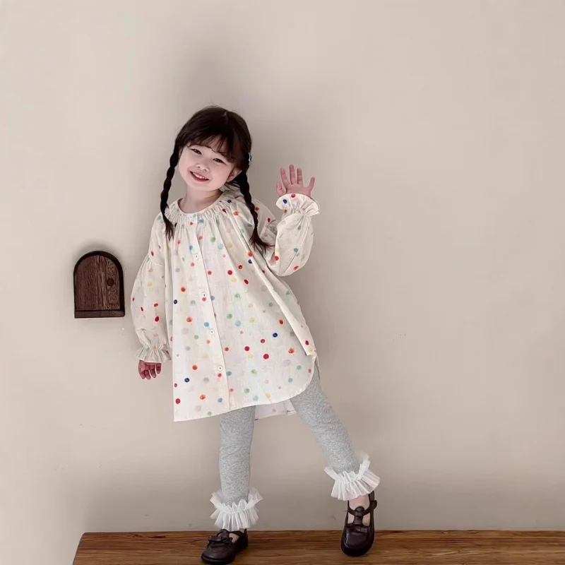 

Children's suit2026Spring collection for girls: colorful polka dot long shirt and children's slim-fit stretch leggings