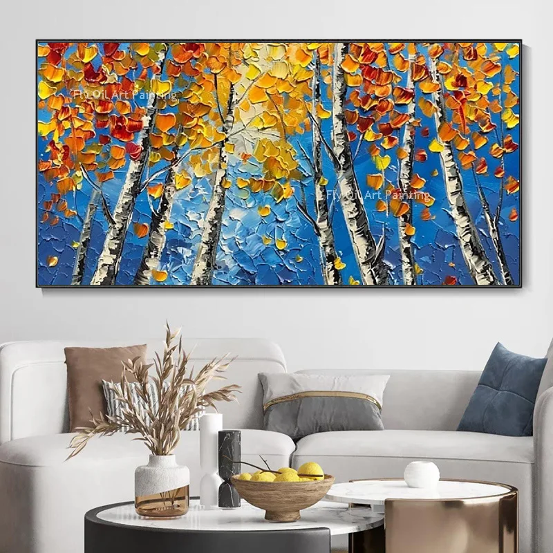 Modern Brich Treescape Landscape Canvas Artwork Handpainted Blue Orange Forest Thick  Oil Painting Natural Home Wall Decor