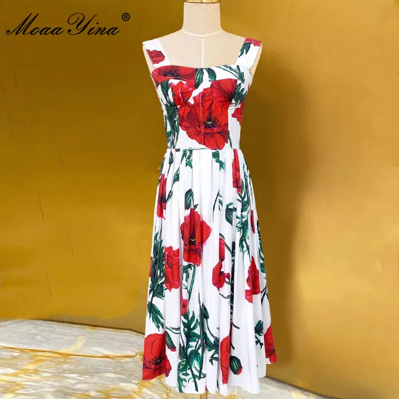 MoaaYina 2023 Designer Summer Dress Women Square collar Spaghetti Strap Flower print Bohemian Holiday Elegant Cotton Dress