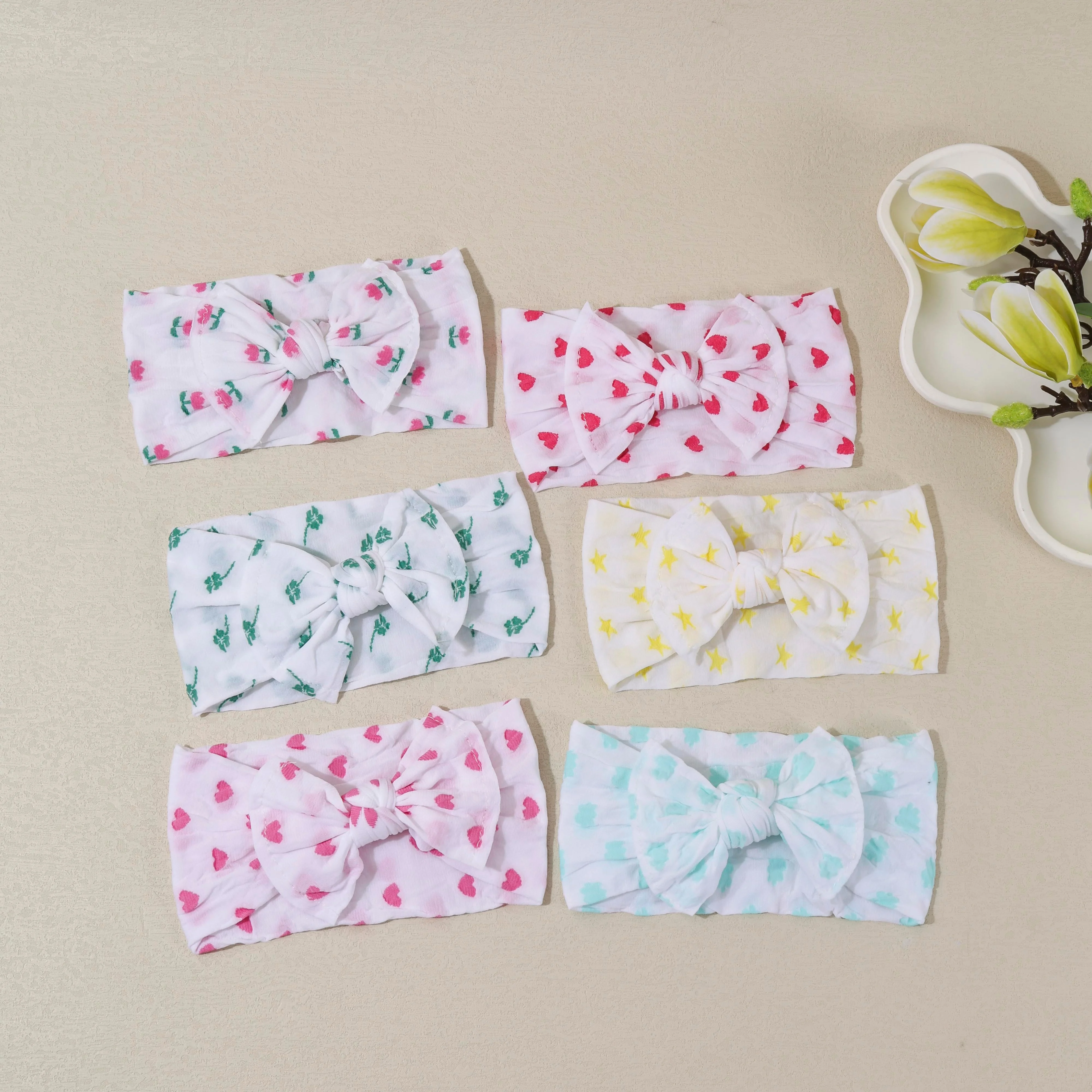 

Baby Nylon Headband Flower Heart Printed Bow Nylon Turban Soft Elastic Head Wraps Baby Hair Accessories for Newborn Infant