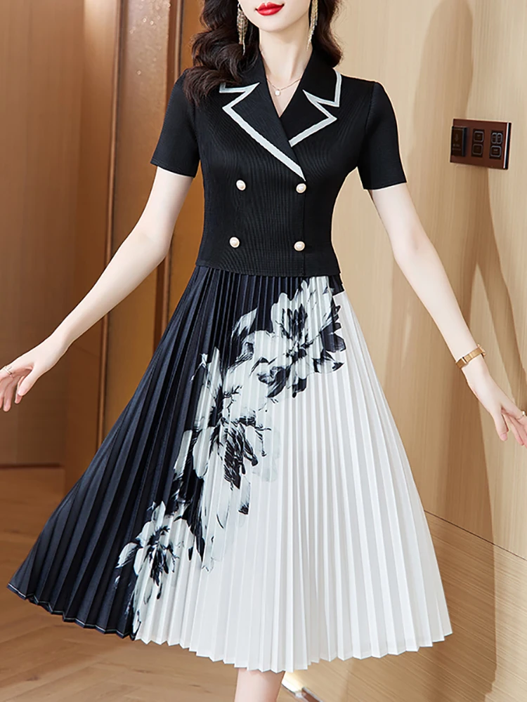 

Summer Black Patchwork Floral Pleated Midi Dress Women Elegant Bodycon Office Lady Dress 2024 Korean Fashion Casual Party Dress