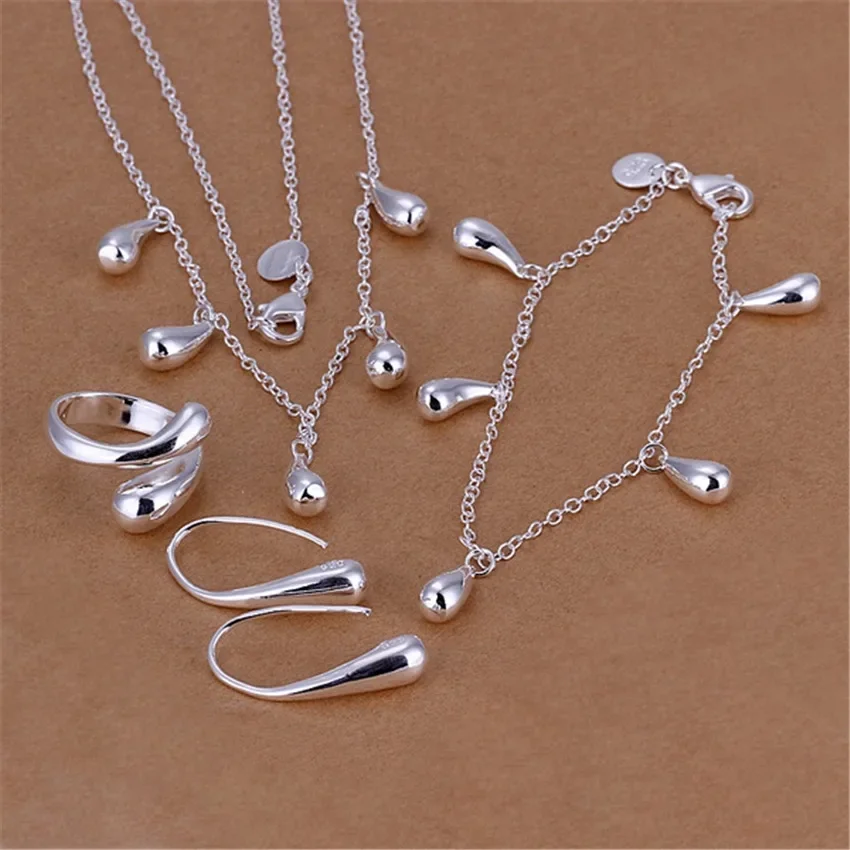 Special offer 925 sterling silver Water drop Bracelet necklace earrings rings Jewelry set for women Fashion Party Gift